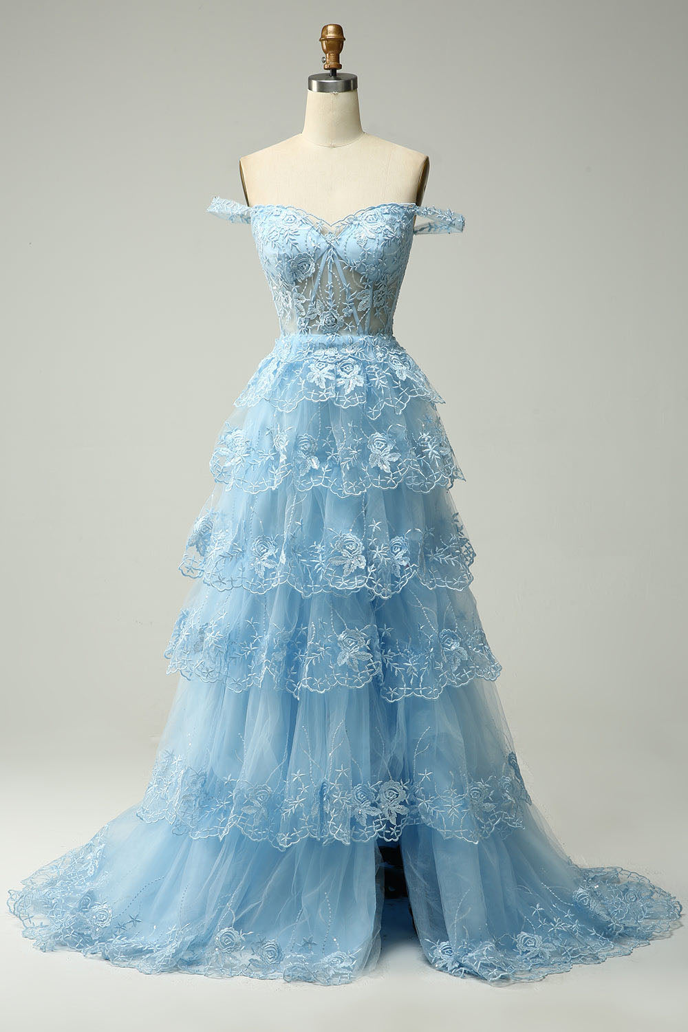 Layered Lace Appliques Prom Dress Off Shoulder Corset Evening Dress Ms2509071