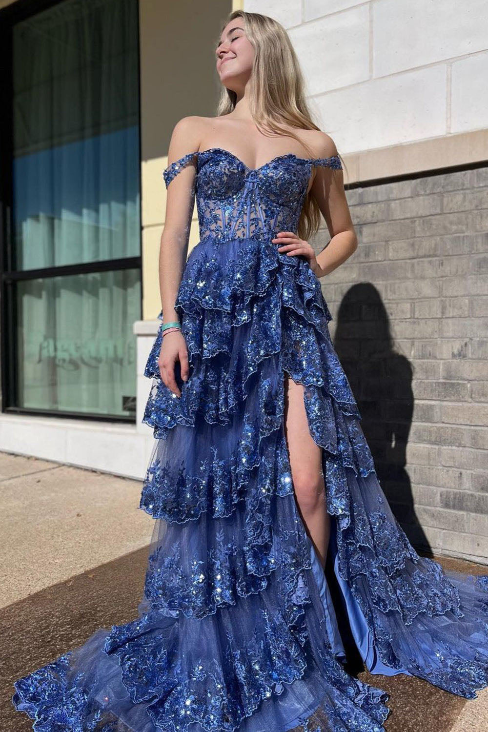 Layered Lace Appliques Prom Dress Off Shoulder Corset Evening Dress Ms2509071