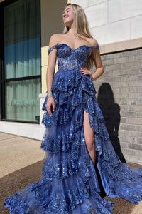 Layered Lace Appliques Prom Dress Off Shoulder Corset Evening Dress Ms2509071