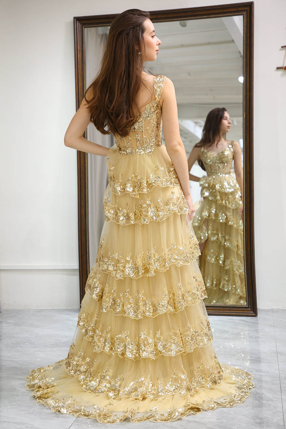 Sparkly Golden Tiered A-Line Long Prom Dress with Lace Evening Dress Ms251063