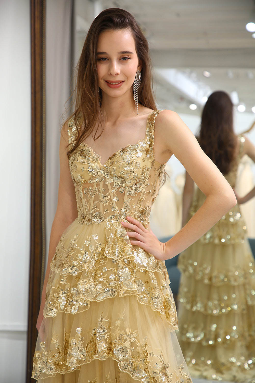 Sparkly Golden Tiered A-Line Long Prom Dress with Lace Evening Dress Ms251063
