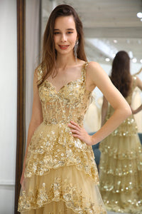 Sparkly Golden Tiered A-Line Long Prom Dress with Lace Evening Dress Ms251063