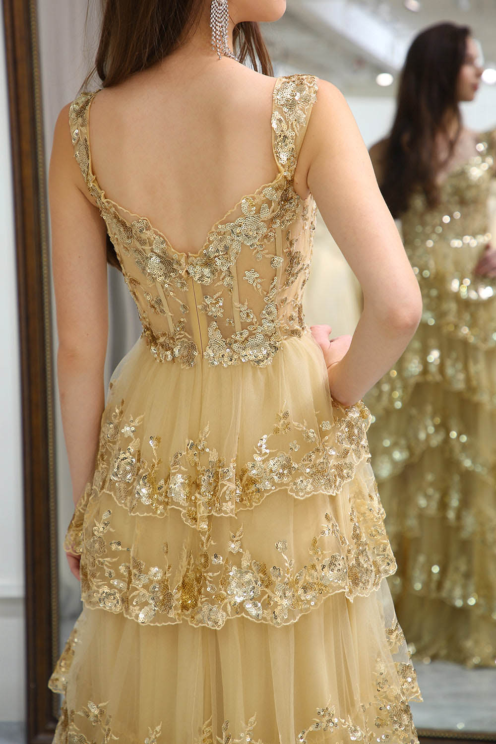 Sparkly Golden Tiered A-Line Long Prom Dress with Lace Evening Dress Ms251063