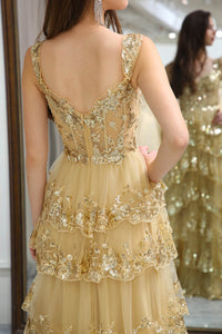 Sparkly Golden Tiered A-Line Long Prom Dress with Lace Evening Dress Ms251063