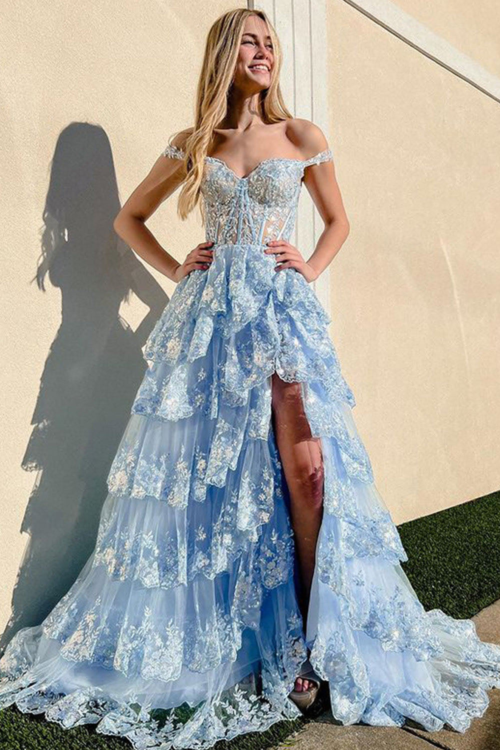 Layered Lace Appliques Prom Dress Off Shoulder Corset Evening Dress Ms2509071