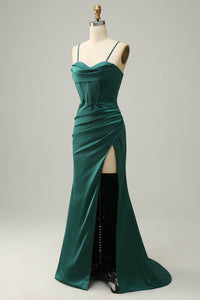 Satin Evening Gown Sexy Spaghetti Strap Corset Prom Dress With Slit Ms2510161