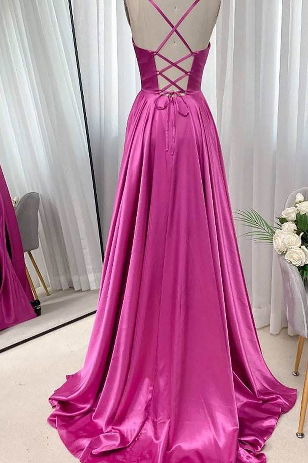 Satin Evening Gown Sexy Spaghetti Strap Corset Prom Dress With Slit Ms2510161