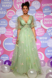 Prom Dress V Neck Puff Sleeves A Line Floral Embroidered Evening Gown Ms2510185