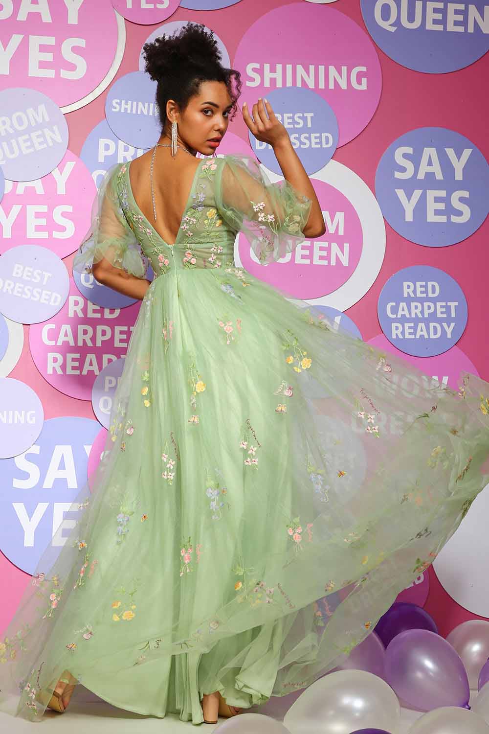 Prom Dress V Neck Puff Sleeves A Line Floral Embroidered Evening Gown Ms2510185