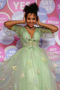 Prom Dress V Neck Puff Sleeves A Line Floral Embroidered Evening Gown Ms2510185