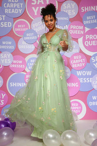 Prom Dress V Neck Puff Sleeves A Line Floral Embroidered Evening Gown Ms2510185