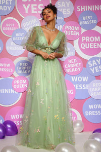 Prom Dress V Neck Puff Sleeves A Line Floral Embroidered Evening Gown Ms2510185