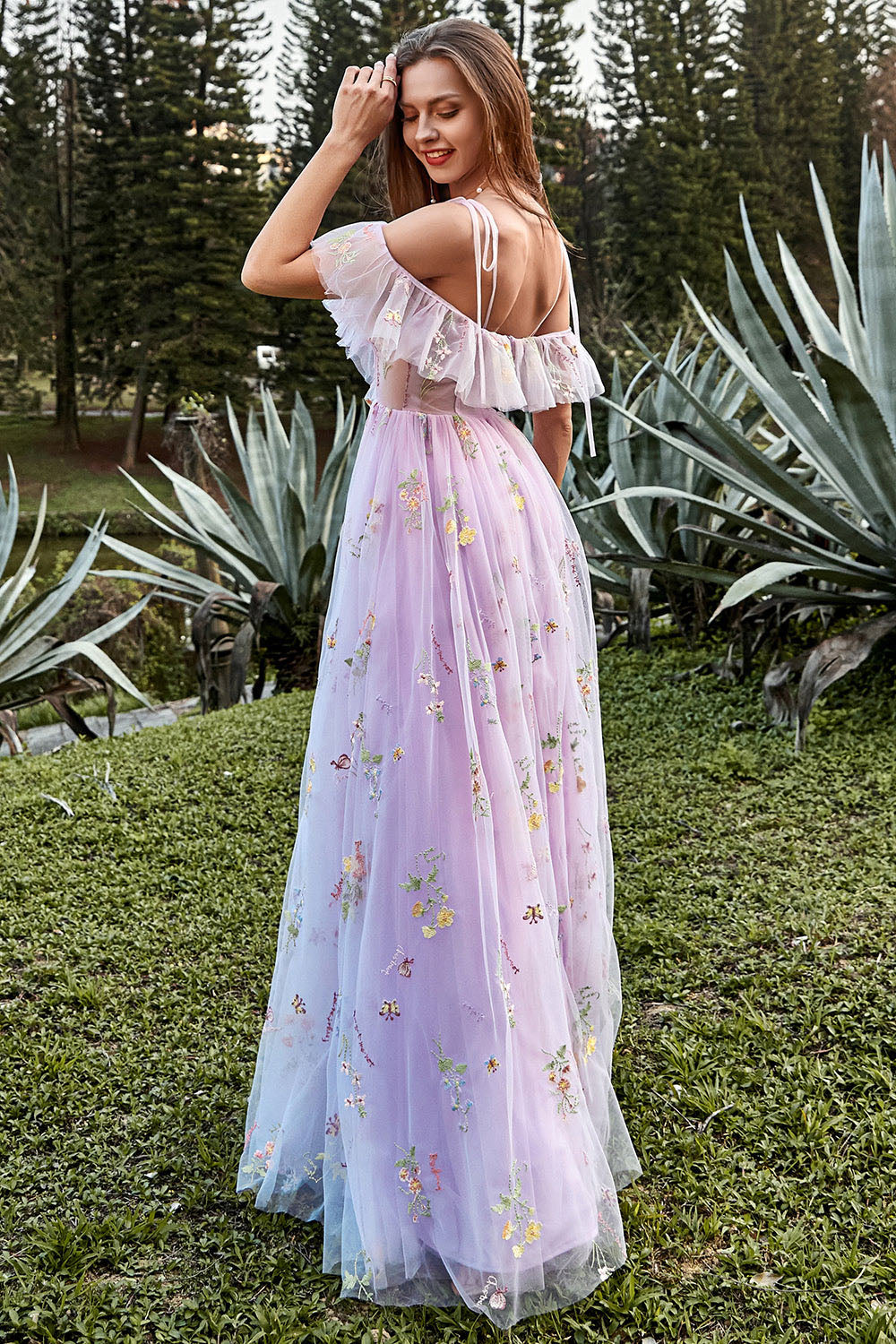 Lilac Prom Dress Floral Embroidered Ruffles Slit Party Gown Ms2507266