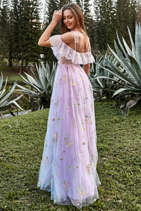 Lilac Prom Dress Floral Embroidered Ruffles Slit Party Gown Ms2507266