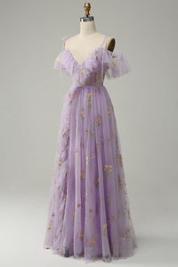 Lilac Prom Dress Floral Embroidered Ruffles Slit Party Gown Ms2507266