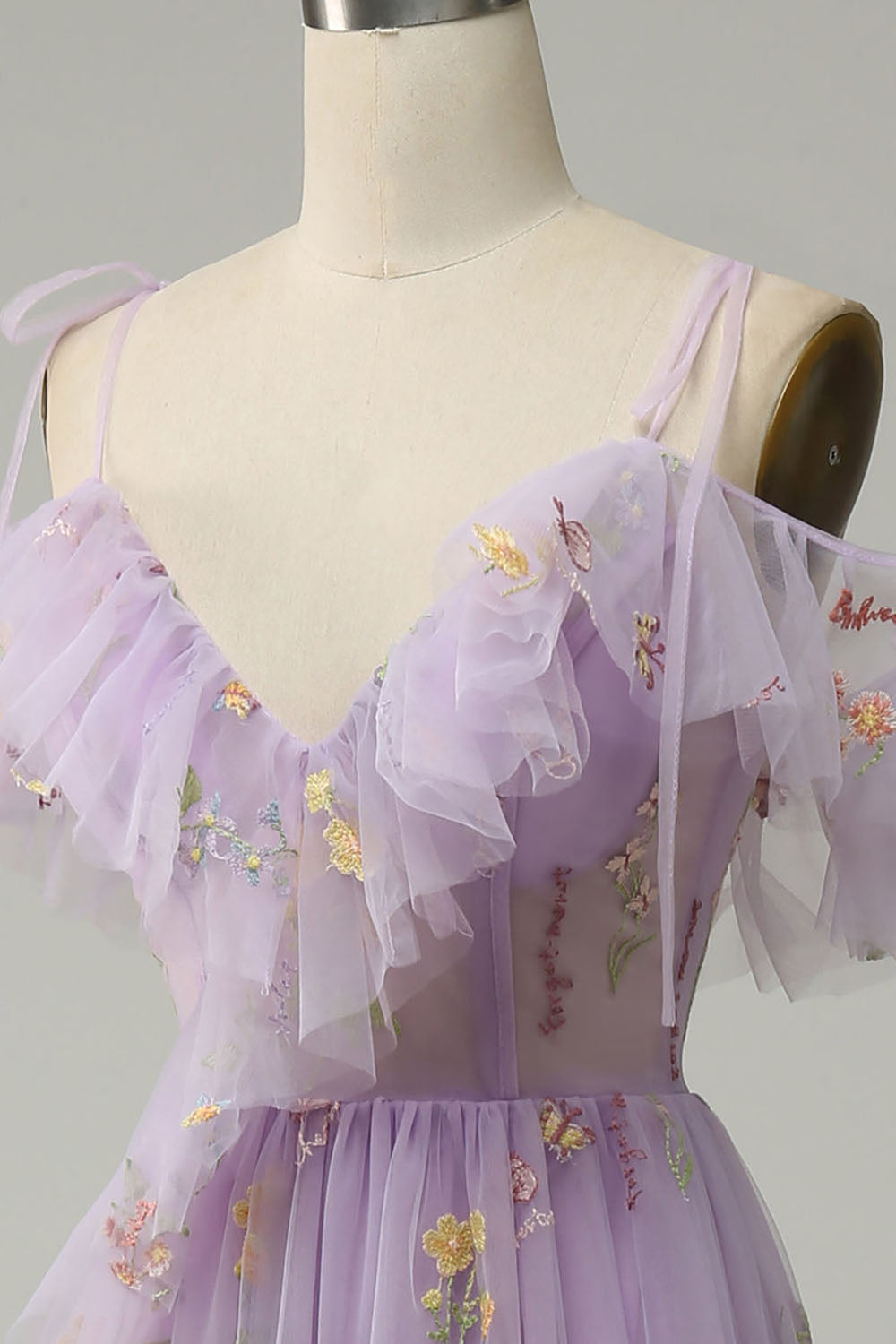Lilac Prom Dress Floral Embroidered Ruffles Slit Party Gown Ms2507266