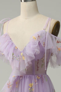 Lilac Prom Dress Floral Embroidered Ruffles Slit Party Gown Ms2507266