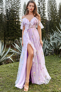 Lilac Prom Dress Floral Embroidered Ruffles Slit Party Gown Ms2507266