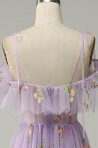 Lilac Prom Dress Floral Embroidered Ruffles Slit Party Gown Ms2507266