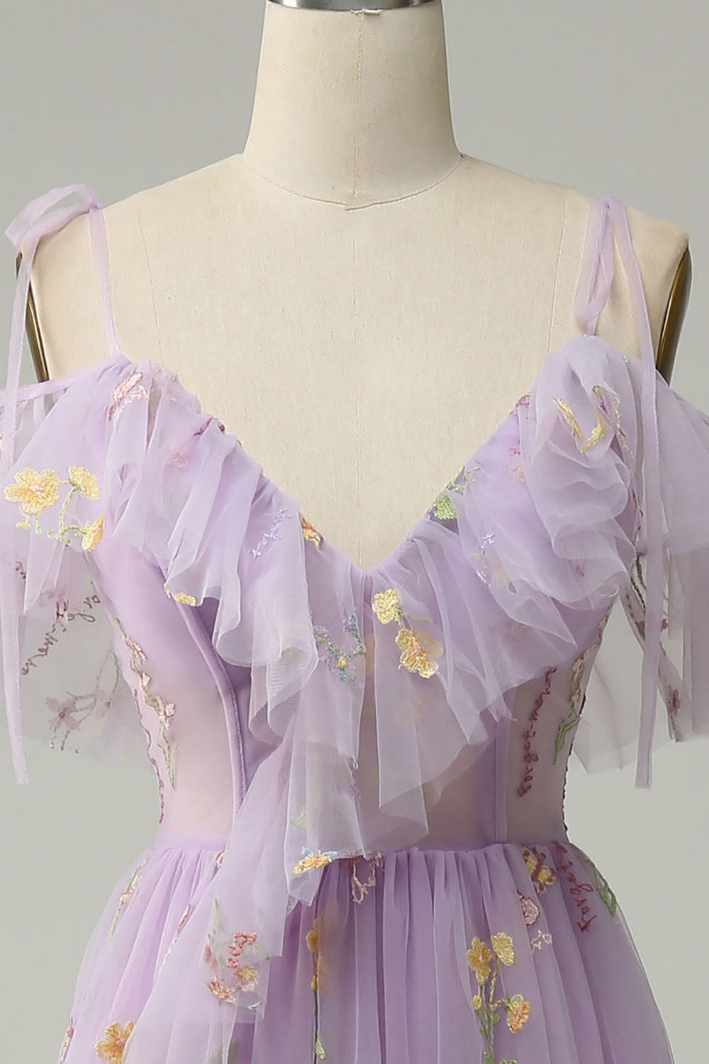 Lilac Prom Dress Floral Embroidered Ruffles Slit Party Gown Ms2507266