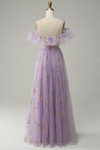 Lilac Prom Dress Floral Embroidered Ruffles Slit Party Gown Ms2507266