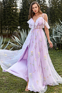 Lilac Prom Dress Floral Embroidered Ruffles Slit Party Gown Ms2507266