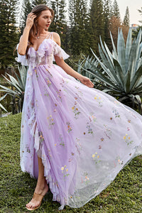 Lilac Prom Dress Floral Embroidered Ruffles Slit Party Gown Ms2507266