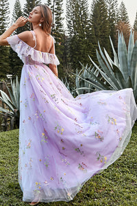 Lilac Prom Dress Floral Embroidered Ruffles Slit Party Gown Ms2507266