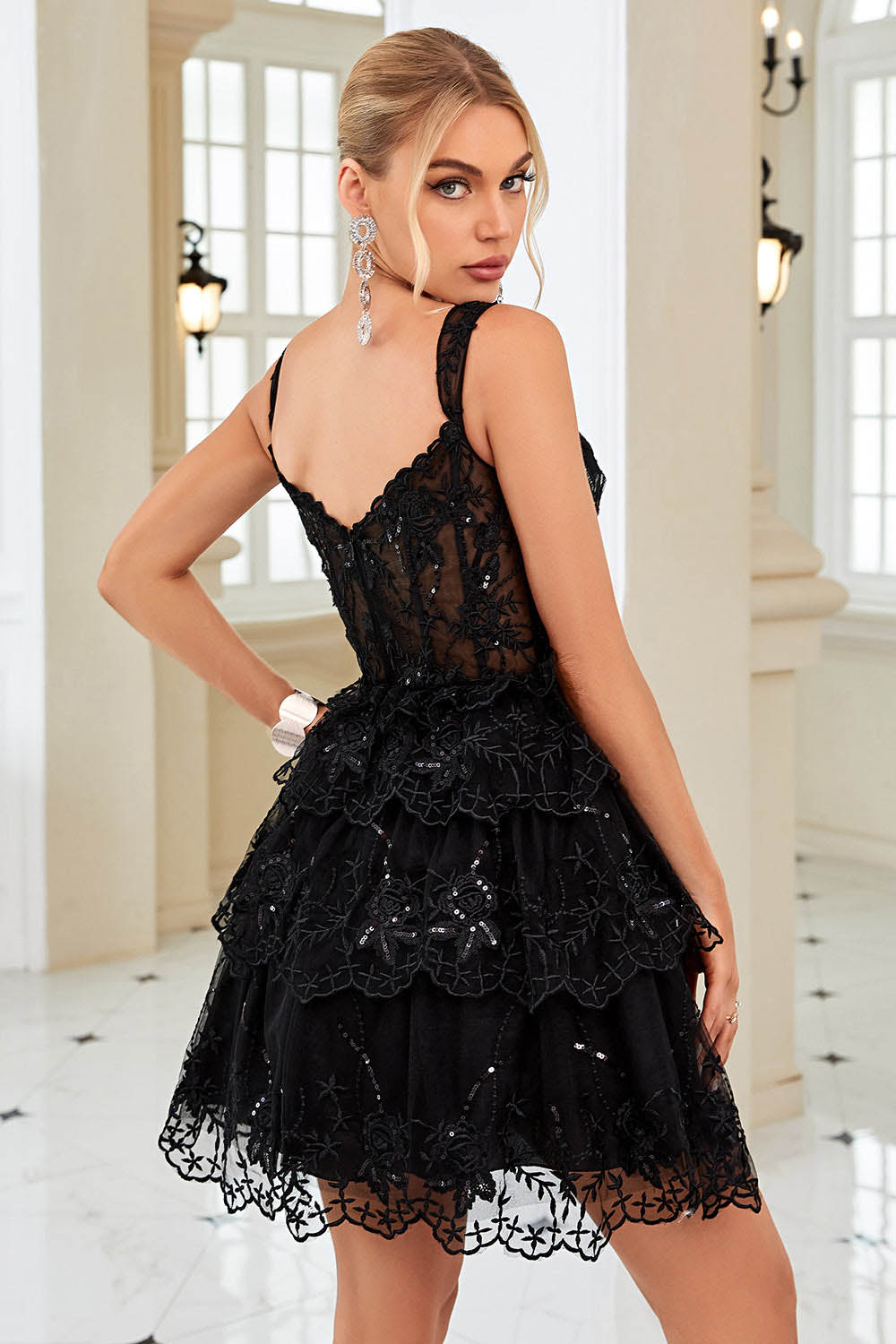 Black Corset Prom Dress Off Shoulder Corset Layered Short Cocktail Gown Ms2509213