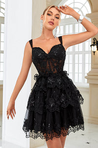 Black Corset Prom Dress Off Shoulder Corset Layered Short Cocktail Gown Ms2509213
