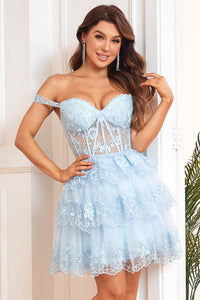 Black Corset Prom Dress Off Shoulder Corset Layered Short Cocktail Gown Ms2509213