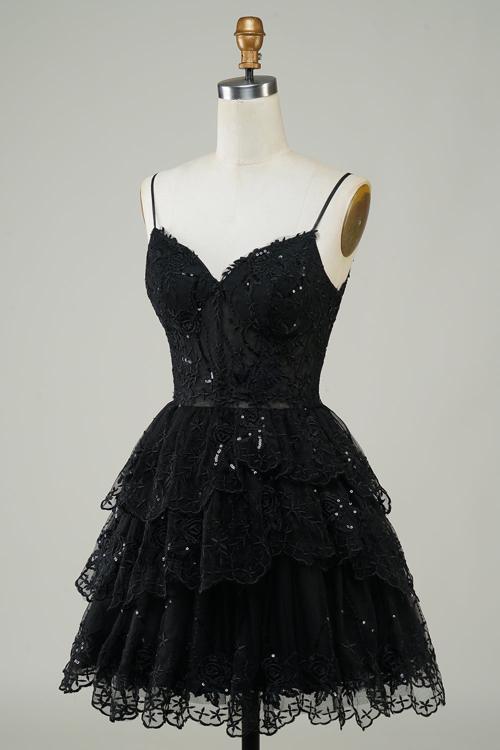 Lavender Sequin Lace Tiered Mini Prom Dress Corset Party Dress Ms2508091