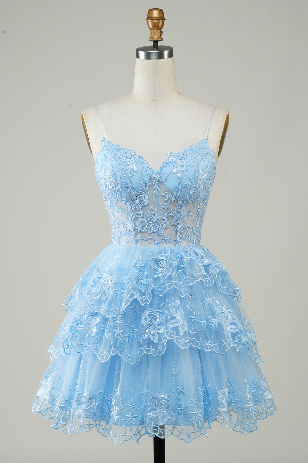 Lavender Sequin Lace Tiered Mini Prom Dress Corset Party Dress Ms2508091