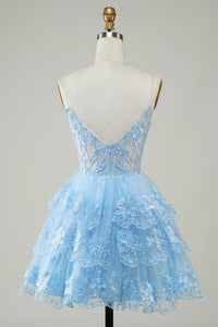 Lavender Sequin Lace Tiered Mini Prom Dress Corset Party Dress Ms2508091