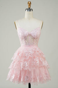 Lavender Sequin Lace Tiered Mini Prom Dress Corset Party Dress Ms2508091