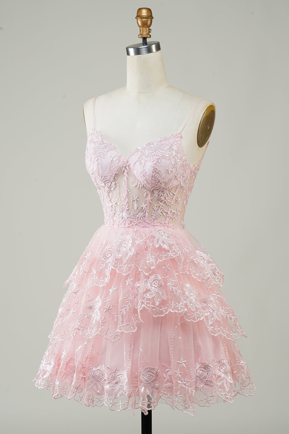 Lavender Sequin Lace Tiered Mini Prom Dress Corset Party Dress Ms2508091