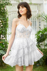 Lavender Sequin Lace Tiered Mini Prom Dress Corset Party Dress Ms2508091