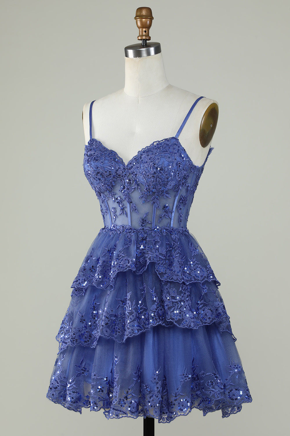 Lavender Sequin Lace Tiered Mini Prom Dress Corset Party Dress Ms2508091