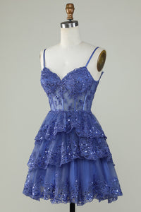 Lavender Sequin Lace Tiered Mini Prom Dress Corset Party Dress Ms2508091