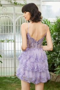 Lavender Sequin Lace Tiered Mini Prom Dress Corset Party Dress Ms2508091
