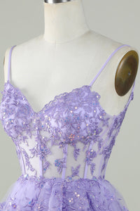 Lavender Sequin Lace Tiered Mini Prom Dress Corset Party Dress Ms2508091