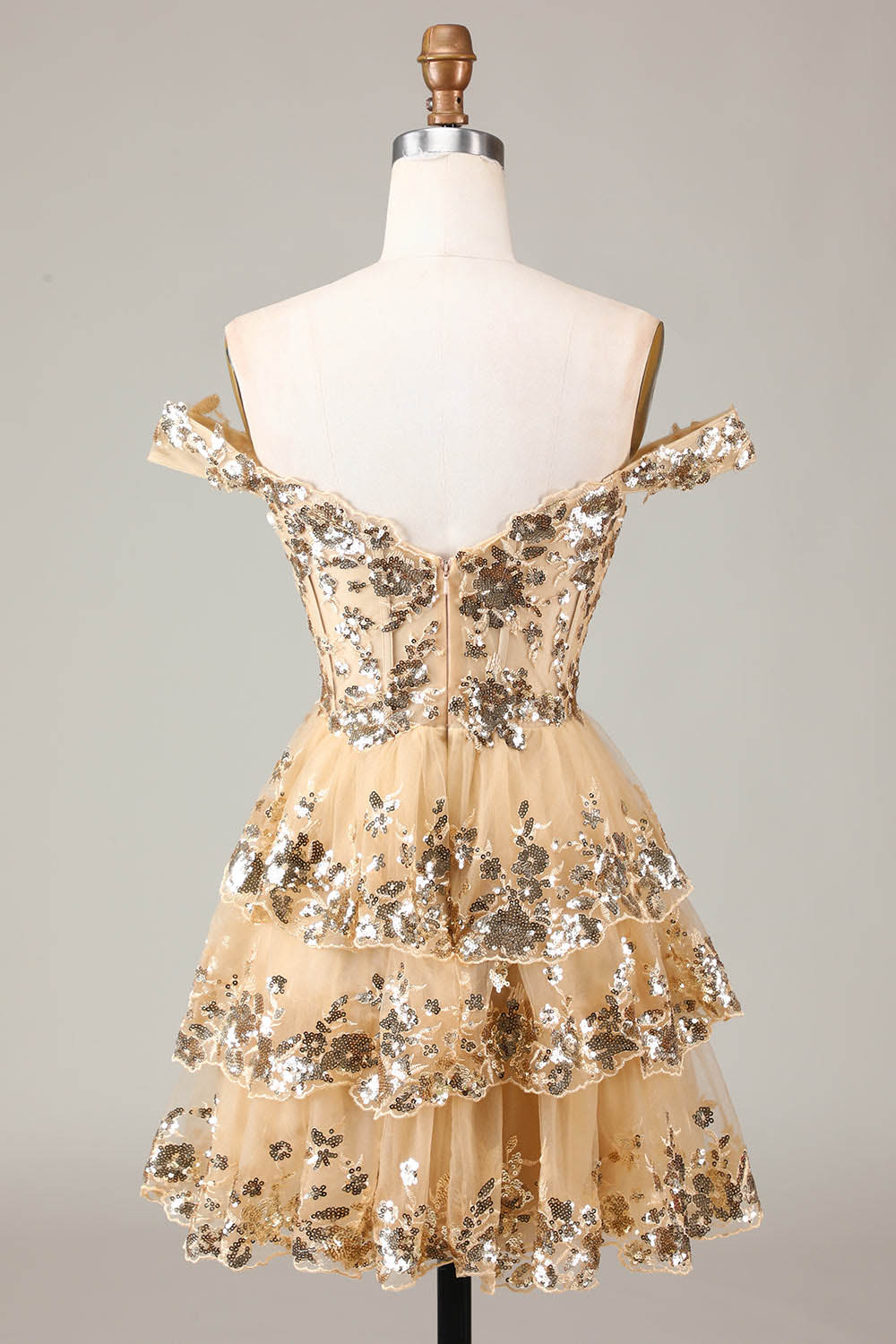 Gold Sequin Prom Dress Lace Layered Off Shoulder Mini Party Dress Ms09193