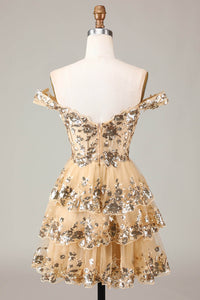 Gold Sequin Prom Dress Lace Layered Off Shoulder Mini Party Dress Ms09193