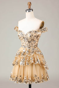 Gold Sequin Prom Dress Lace Layered Off Shoulder Mini Party Dress Ms09193