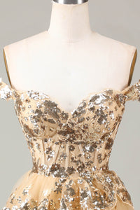Gold Sequin Prom Dress Lace Layered Off Shoulder Mini Party Dress Ms09193