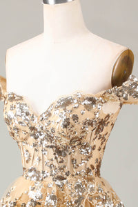Gold Sequin Prom Dress Lace Layered Off Shoulder Mini Party Dress Ms09193