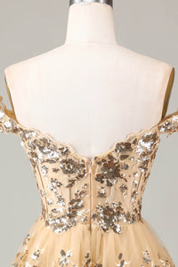 Gold Sequin Prom Dress Lace Layered Off Shoulder Mini Party Dress Ms09193