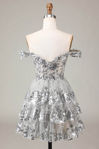 Gold Sequin Prom Dress Lace Layered Off Shoulder Mini Party Dress Ms09193