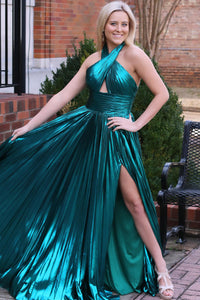 Pleated Halter Prom Dress High Slit Shiny Elegant Evening Party Dress Ms2511082