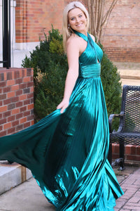 Pleated Halter Prom Dress High Slit Shiny Elegant Evening Party Dress Ms2511082